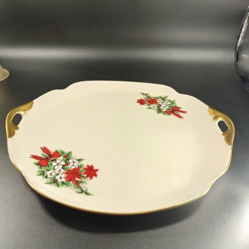 Pickard China Hand Decorated Poinsettia Plate Platter Porcelain USA Holiday VTG‎